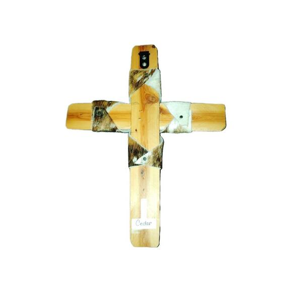 Rustic Western Wall Cross 9"x12" – Cedar Cowhide & Iron Scroll Accents – Layered - Picture 5 of 5